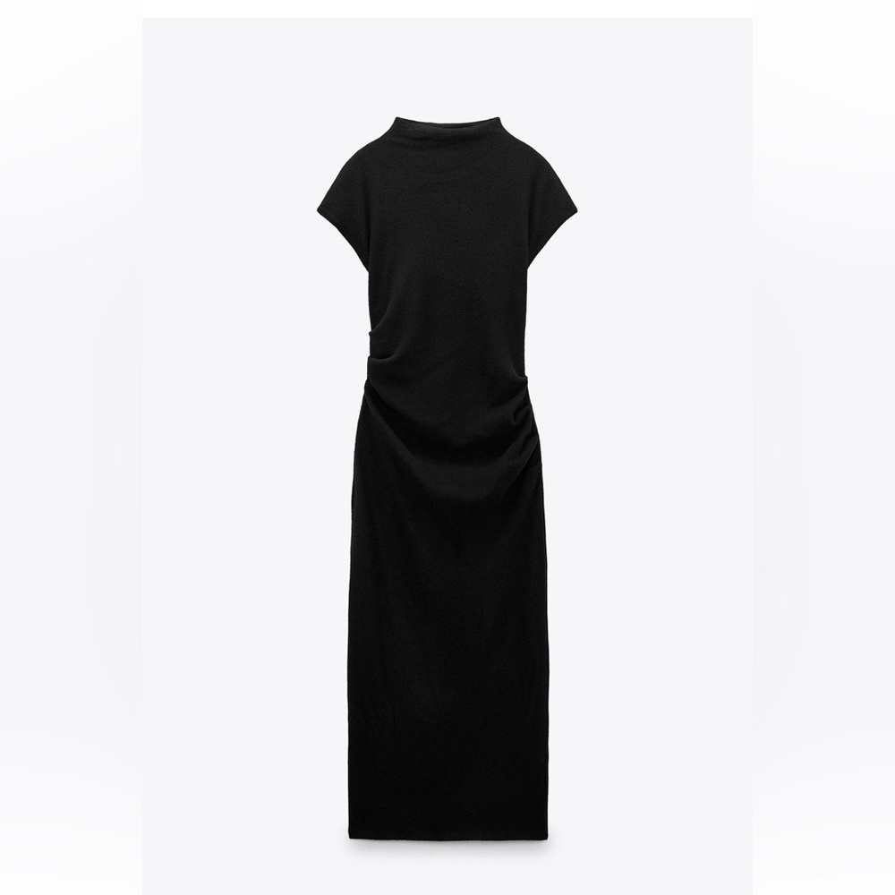 Zara soft knit black cap sleeve  midi mock  neck dress with ruching - small